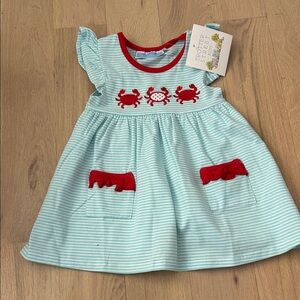 Striped Aqua and Red Crab Embroidered Kids Dress